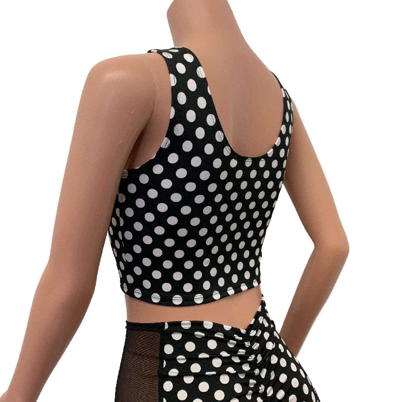 Black & White Polka Dot Mesh Inset Crop Top Tank