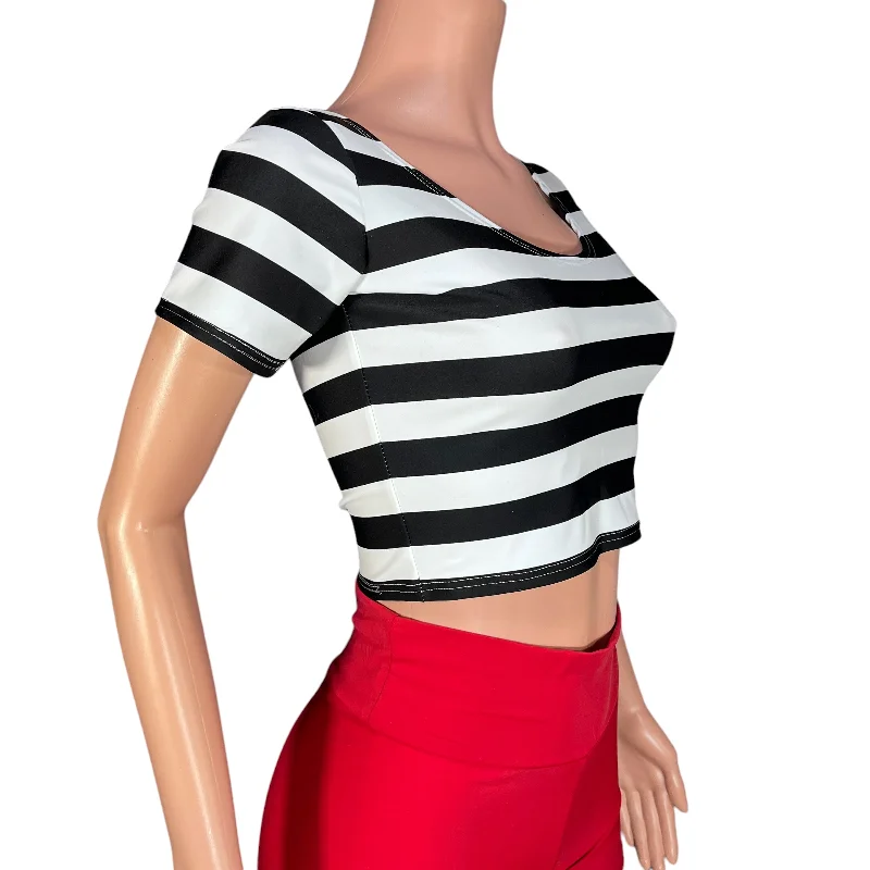 Black & White Striped Short Sleeve Crop Top - Spandex Cropped Shirt for Eras Tour