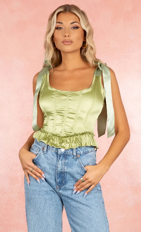 Climb The Balcony Satin Ribbon Tie Shoulder Scoop Neck Sleeveless Lace Up Back Light Green Bustier Ruffle Crop Top