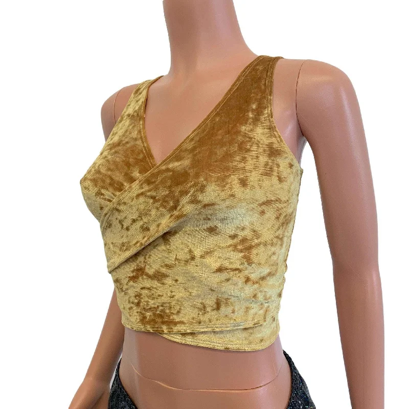 Crop Wrap Top - Gold Crushed Velvet - Choose Sleeve Length