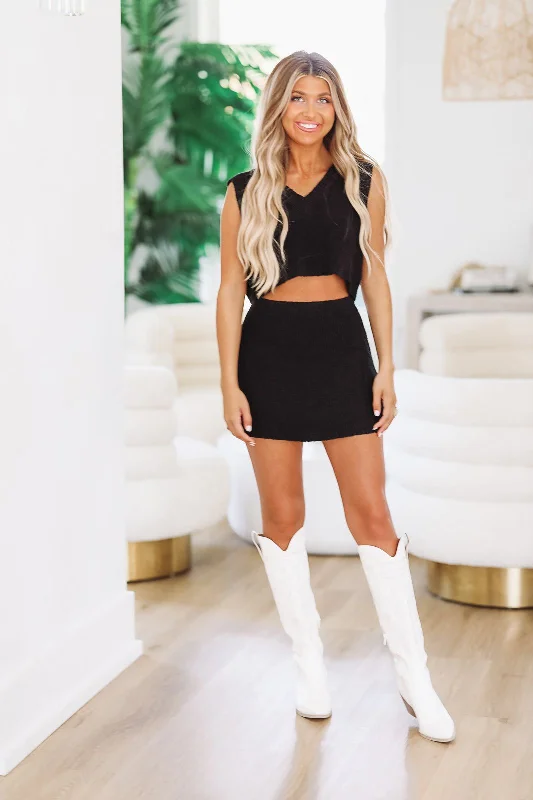 Cutest in the Stands Crop Top and Skirt Set - Black