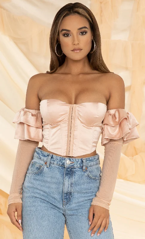 Doing My Best Champagne Sheer Mesh Satin Long Sleeve Ruffle Off The Shoulder V Neck Hook and Eye Bustier Crop Top Blouse