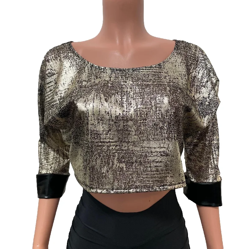 Dolman Crop Top in Black/Gold Mesh Sheer Loose Tee Rave Top