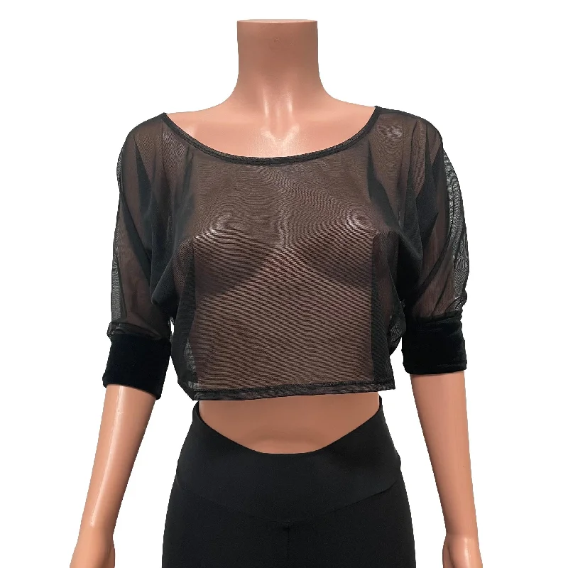 Dolman Crop Top in Black Mesh Sheer Loose Tee Rave Top