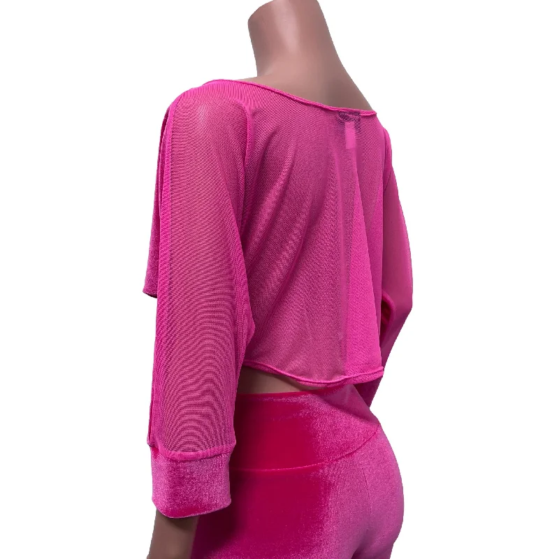 Dolman Crop Top in Hot Pink Velvet and Pink Mesh