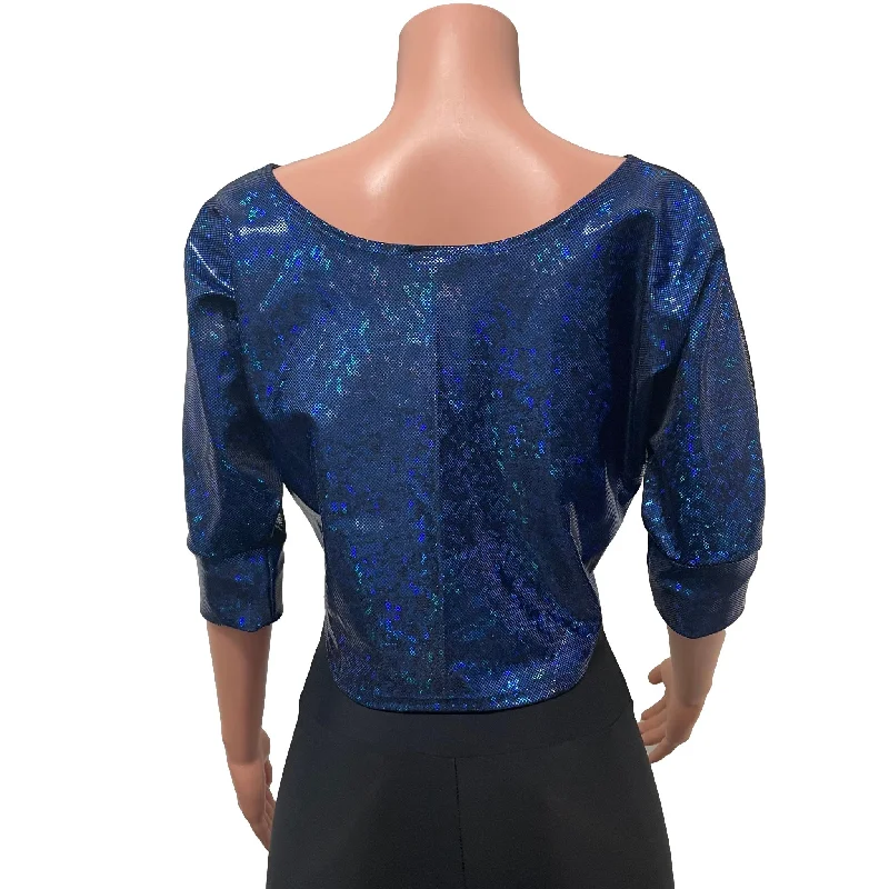 Dolman Crop Top Loose Tee in Black Mesh and Blue Holographic Shattered Glass