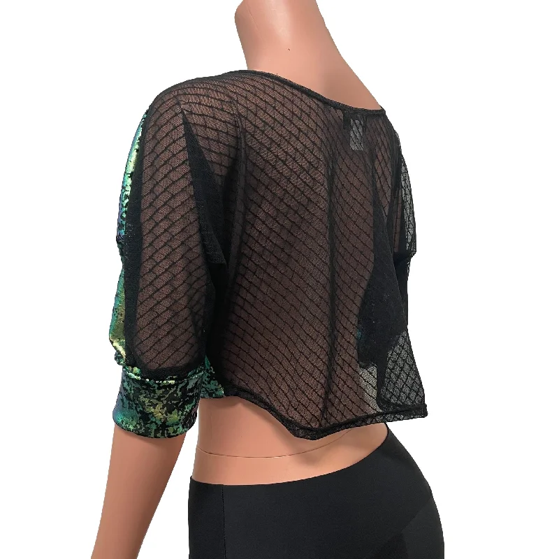 Dolman Crop Top Loose Tee in Green Gilded Velvet and Vixen Mesh