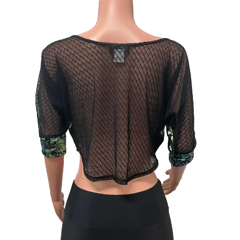 Dolman Crop Top Loose Tee in Green Gilded Velvet and Vixen Mesh