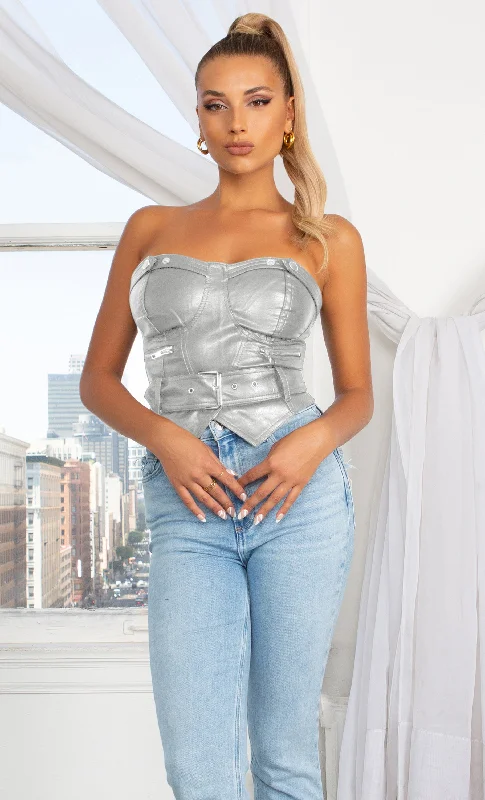 Dominate The Scene Silver PU Faux Leather Sweetheart Bustier Riveted Zipper Belted Crop Strapless Top