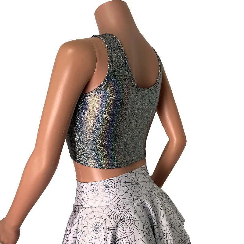 Gleaming Silver Sparkle Holographic Ruched Crop Top Tank