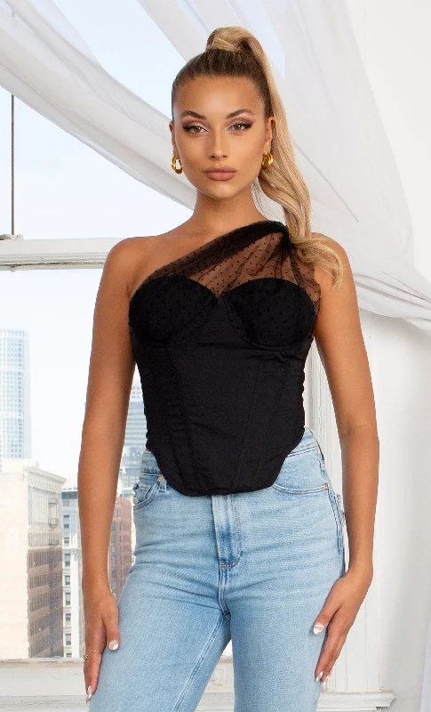 Got Your Attention Black Sheer Polka Dot Mesh One Shoulder Ruffle Sleeveless Crop Blouse Bustier Top