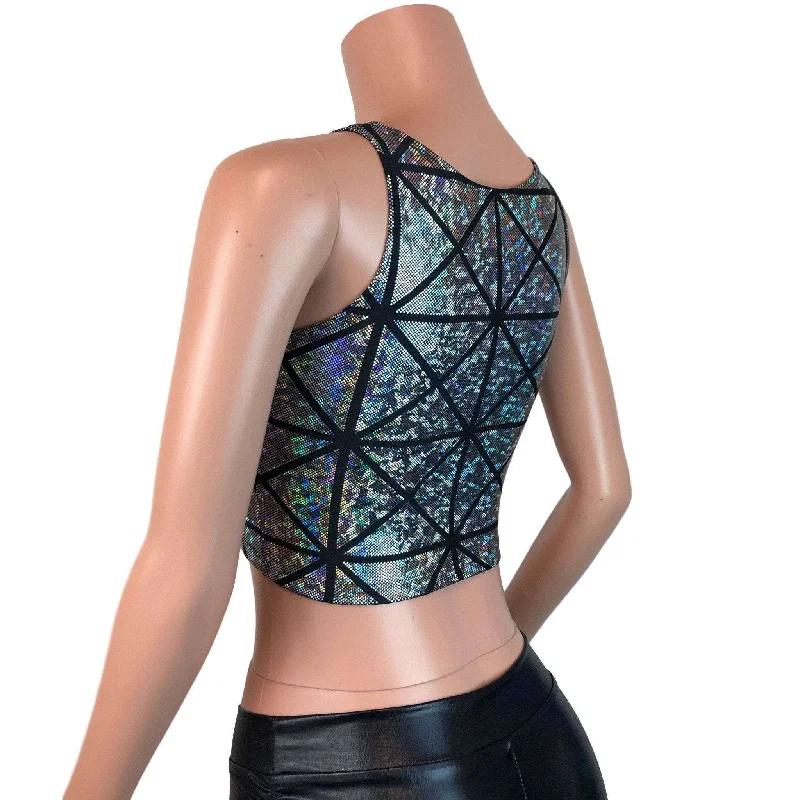 Mesh Inset Crop Tank Top - Silver Glass Pane Holographic