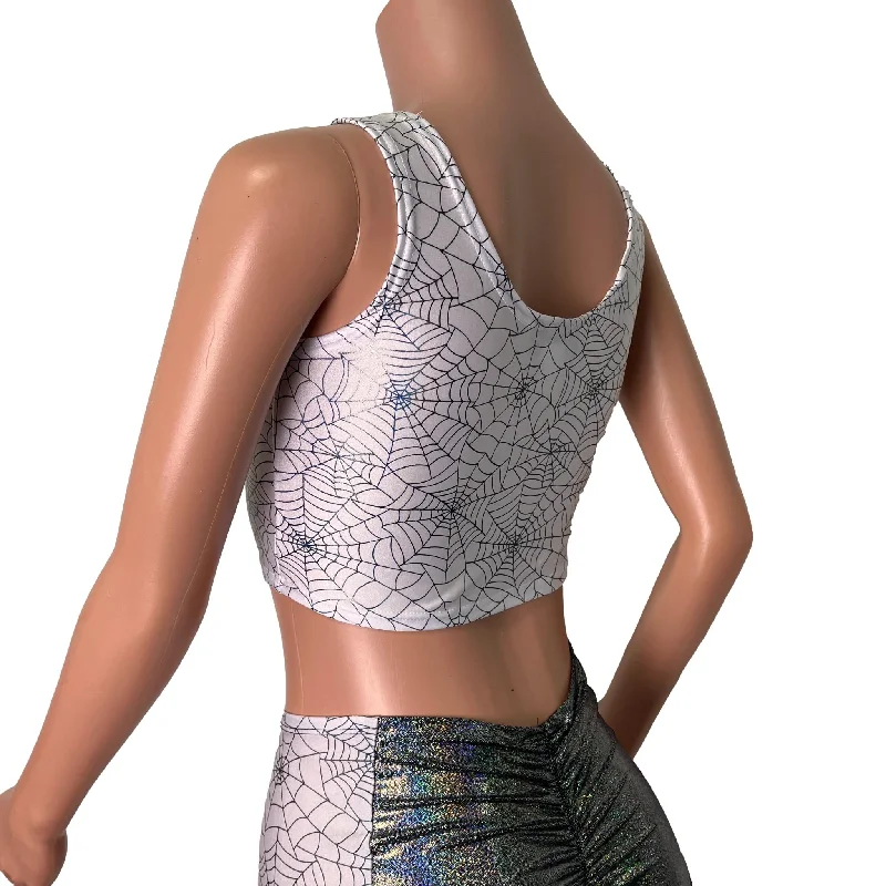 Holographic Spider Web on White Ruched Crop Top Tank