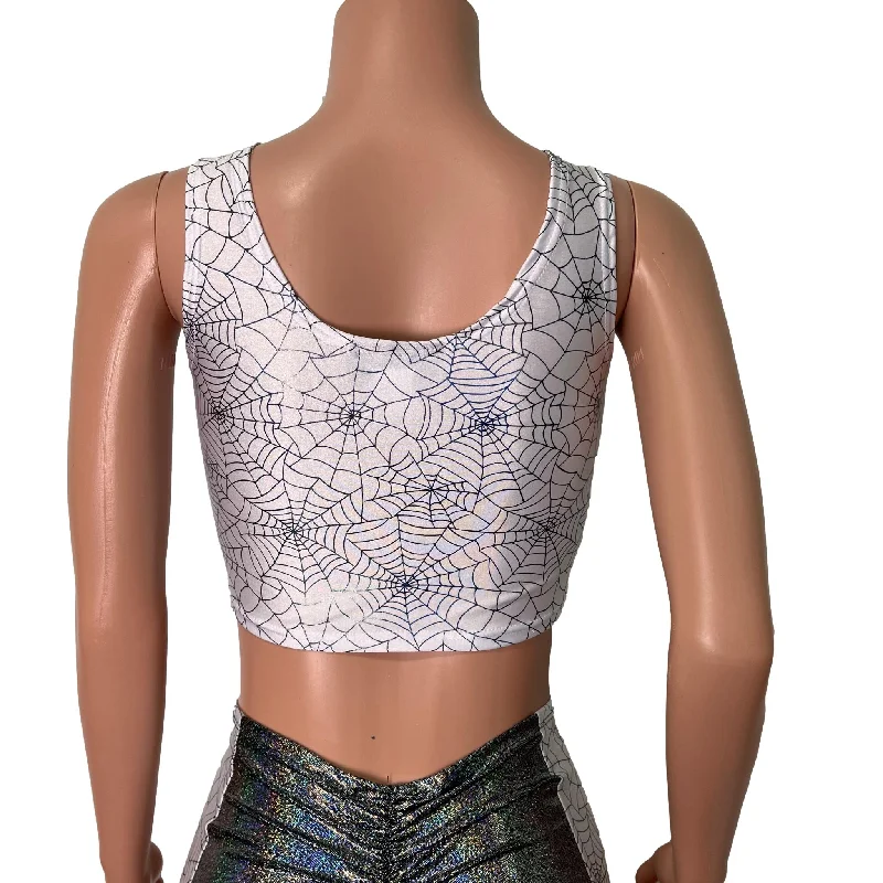 Holographic Spider Web on White Ruched Crop Top Tank