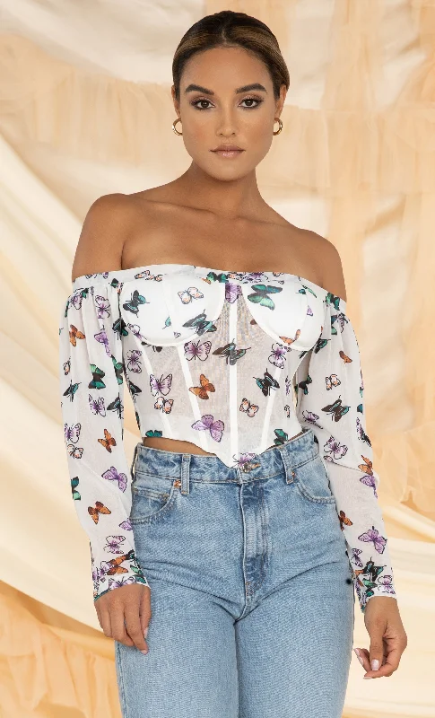 In The Air White Butterfly Pattern Long Sleeve Off The Shoulder Bustier Crop Top Blouse