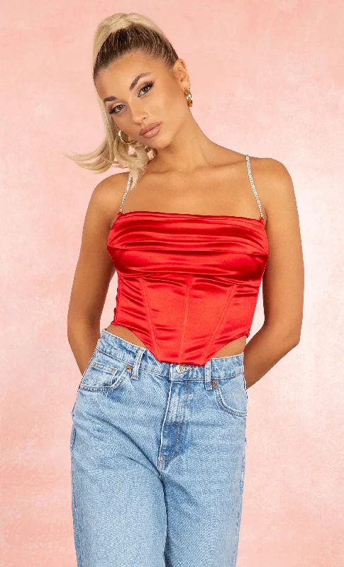 Intoxicating Style Red Satin Sleeveless Rhinestone Spaghetti Strap Drape Crop Top Blouse