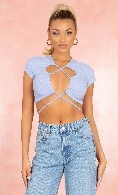 Lace Me Up Light Cerulean Blue Ribbed Short Cap Sleeve Criss Cross Cut Out Crop Top