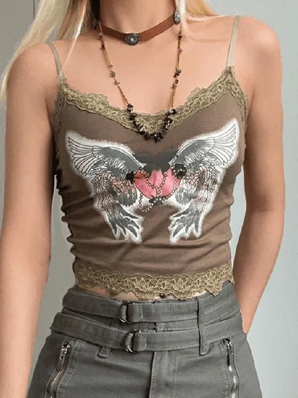 Lace Paneled Winged Heart Crop Cami Top