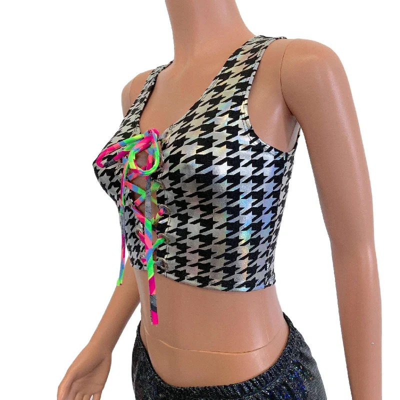 SALE - SMALL ONLY - Lace-Up Crop Tank Top - Houndstooth Holo & Neon