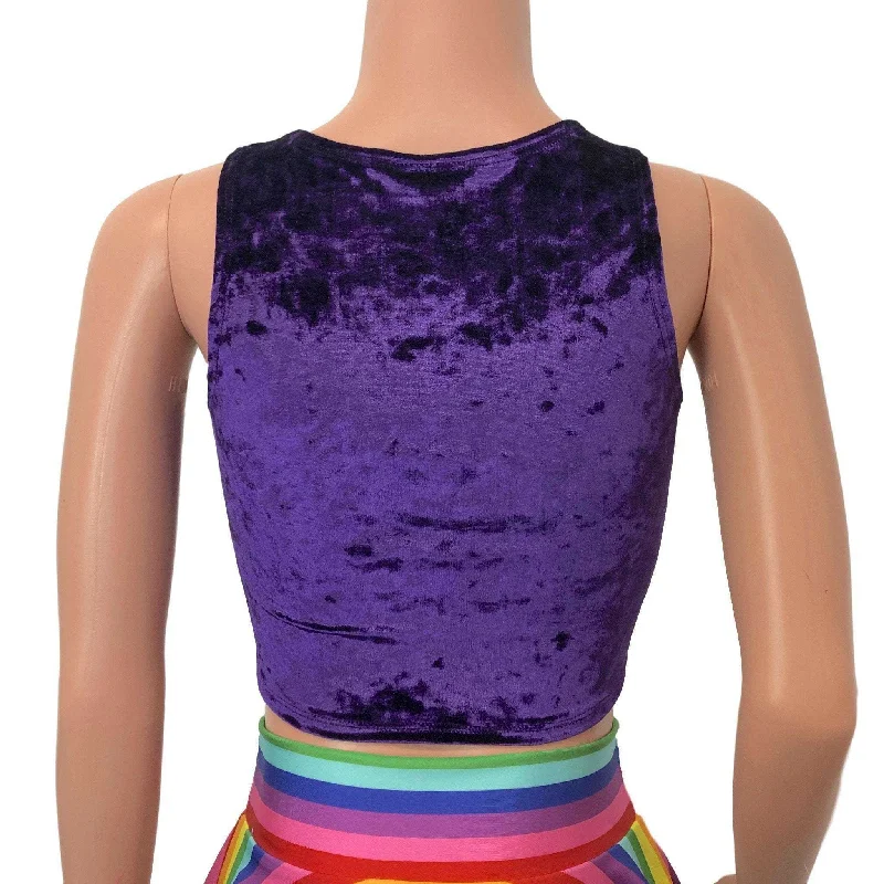 Lace-Up Crop Top - Purple Crushed Velvet & Rainbow