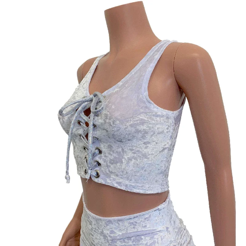 Lace-Up Crop Top - White Crushed Velvet & Silver Holo