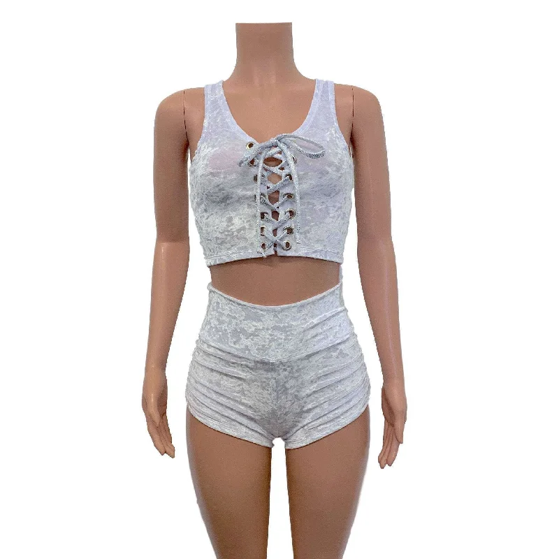 Lace-Up Crop Top - White Crushed Velvet & Silver Holo