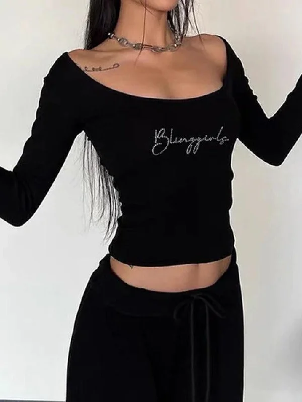 Letter Rhinestone Print Cropped Long Sleeve Tee