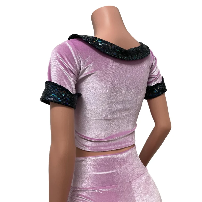 Lilac Velvet Petal Collared Crop Top