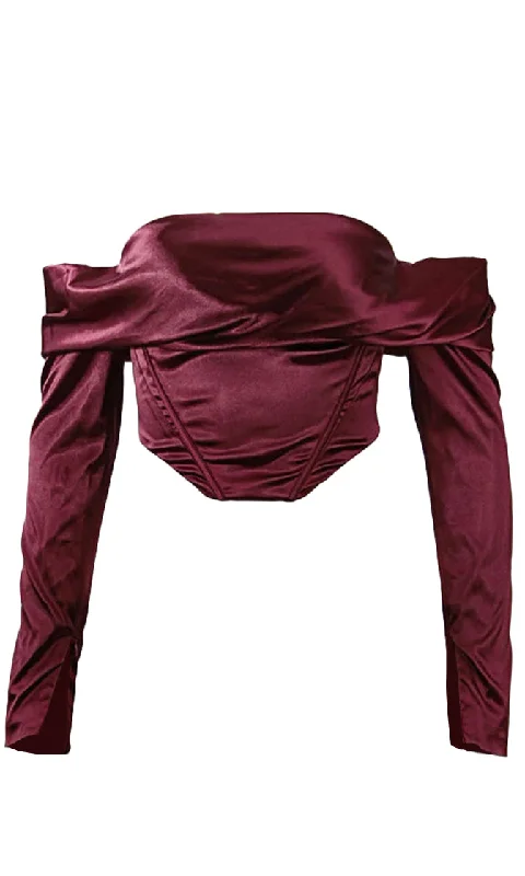 Lip Service Burgundy Satin Long Sleeve Off The Shoulder Foldover Bustier Crop Top Blouse