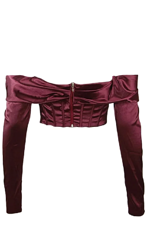 Lip Service Burgundy Satin Long Sleeve Off The Shoulder Foldover Bustier Crop Top Blouse