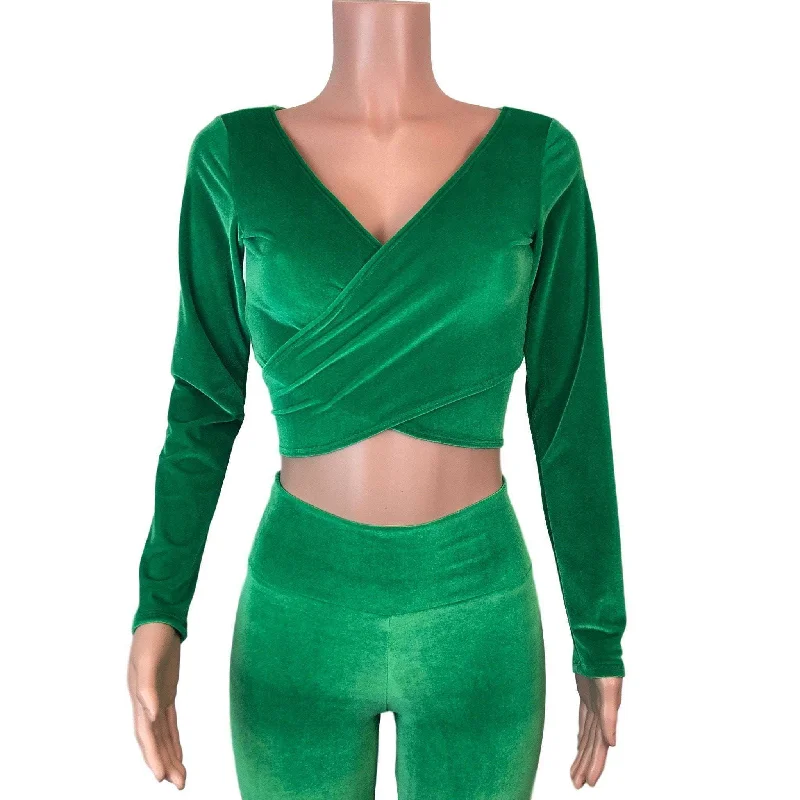 Long Sleeve Crop Wrap Top - Kelly Green Velvet