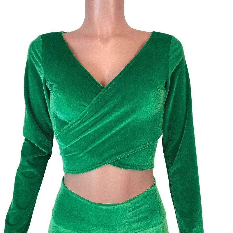 Long Sleeve Crop Wrap Top - Kelly Green Velvet