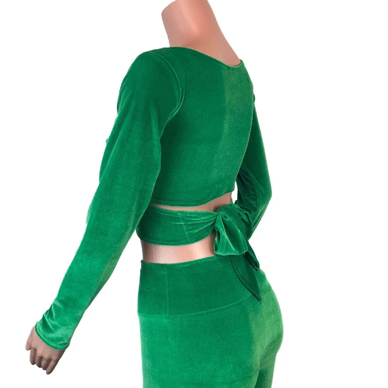 Long Sleeve Crop Wrap Top - Kelly Green Velvet