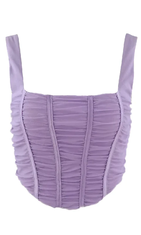 Love Me Now Lavender Sheer Mesh Sleeveless Ruched Square Neck Bustier Crop Top