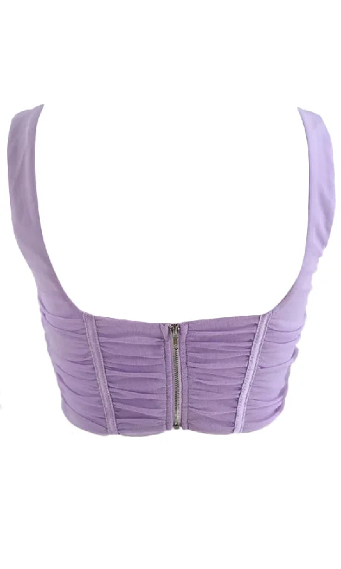 Love Me Now Lavender Sheer Mesh Sleeveless Ruched Square Neck Bustier Crop Top