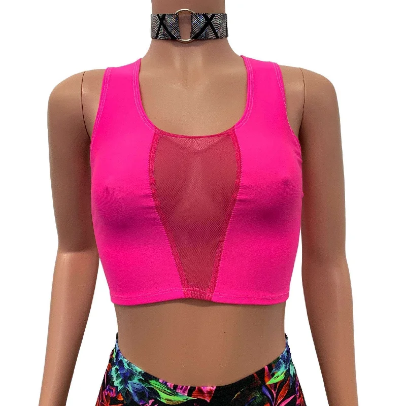 Mesh Inset Crop Tank Top - Neon Pink Spandex