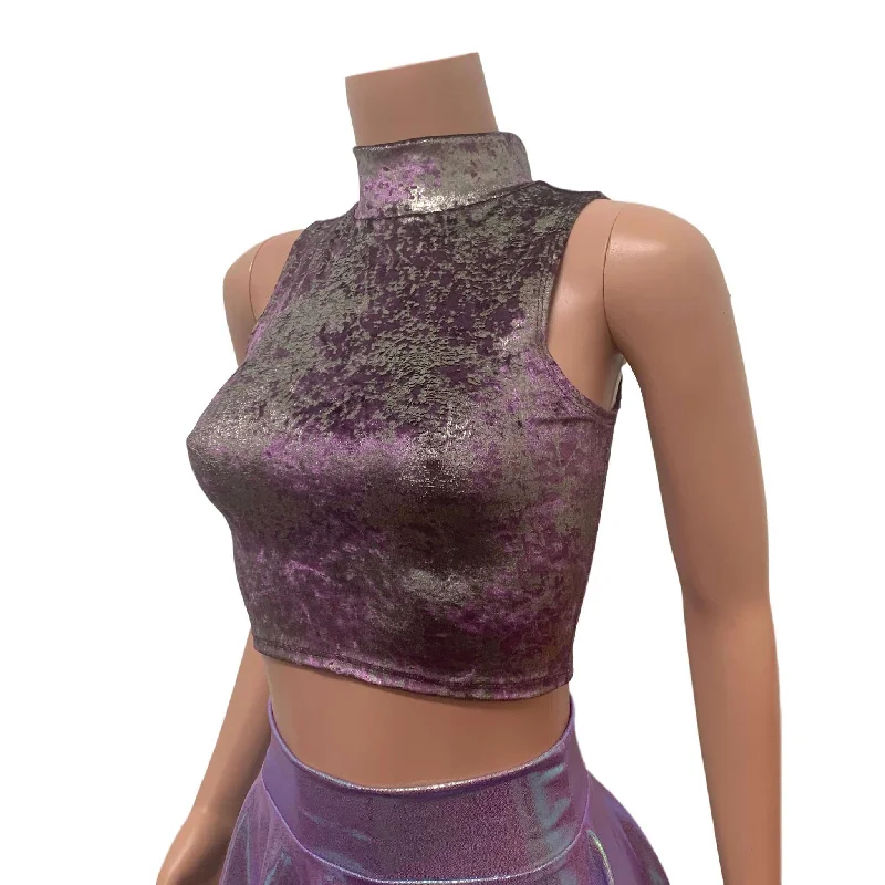 Mock Turtleneck Crop Tank Top - Plum/Gunmetal Gilded Velvet