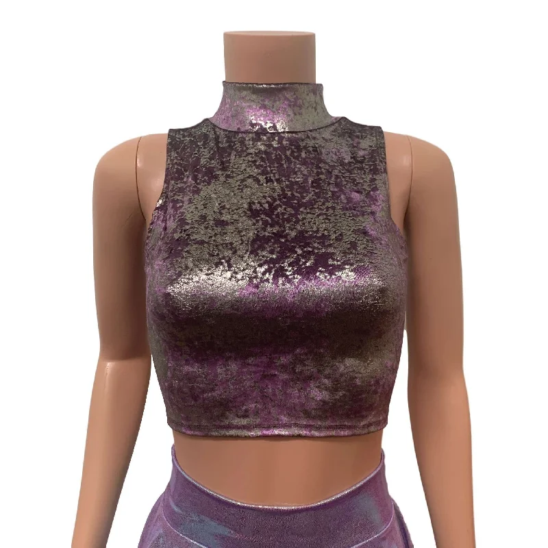 Mock Turtleneck Crop Tank Top - Plum/Gunmetal Gilded Velvet