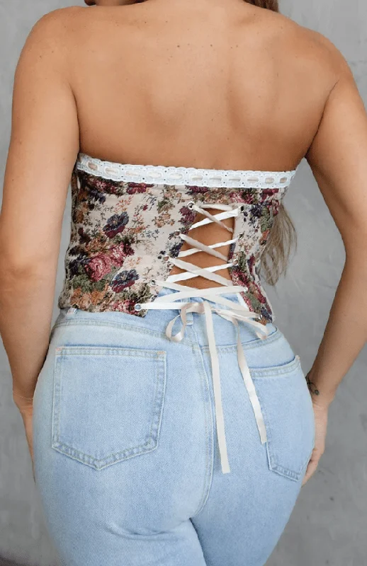 Must Be Fate Corset Tapestry Crop Top - Taupe