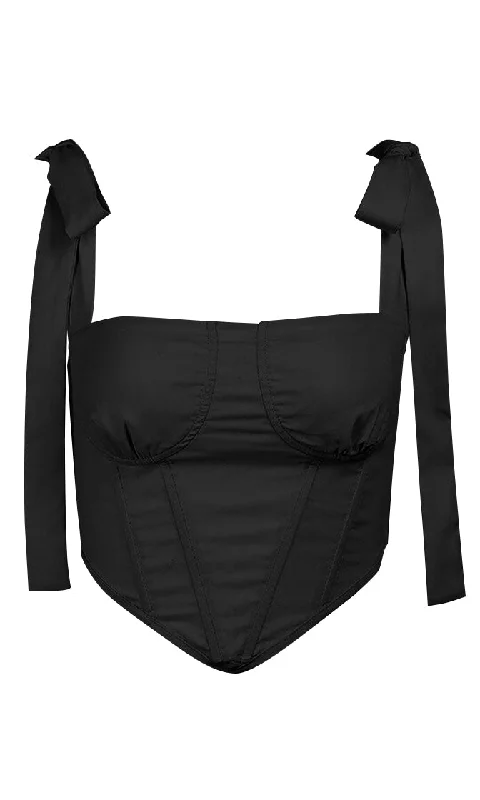 New Sensation Black Sleeveless Bow Strap Square Neck Bustier Crop Top