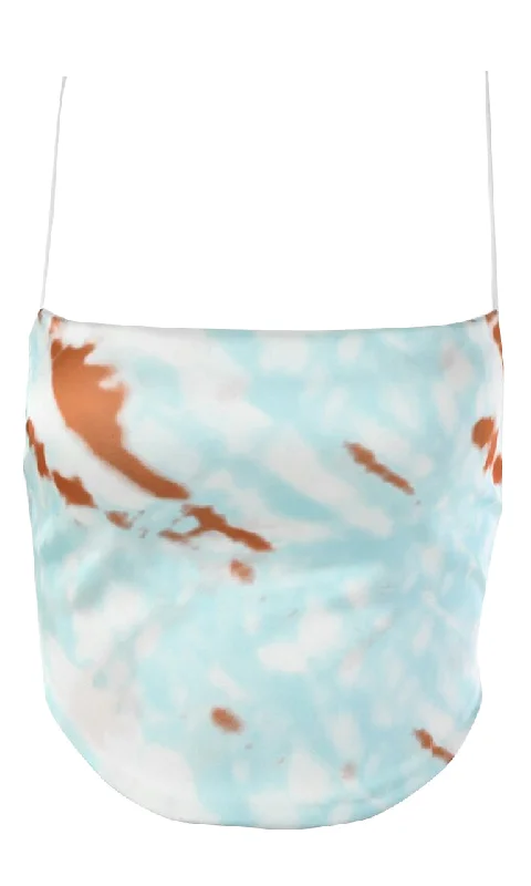 On Vacay Tie Dye Pattern Satin Sleeveless Spaghetti Strap Drape V Neck Backless Crop Top Blouse