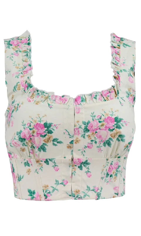 Pink Peony Yellow Floral Pattern Sleeveless Ruffle Scoop Neck Crop Top Blouse