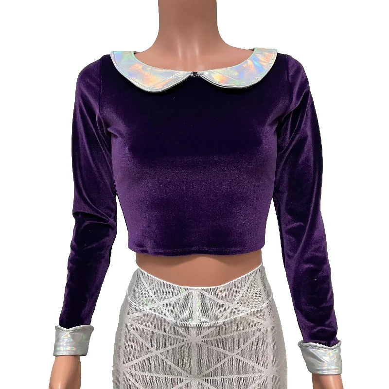 Purple Velvet Collared Crop Top