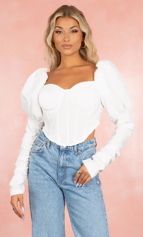 Ready Right Now White Long Sleeve Puffed Shoulder V Neck Zip Front Bustier Crop Top Blouse