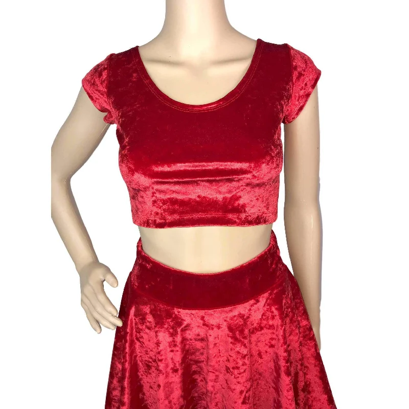 Cap Sleeve Crop Top - Red Crushed Velvet