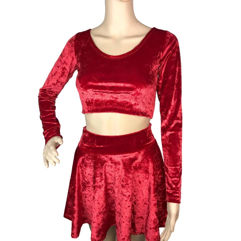 Long Sleeve Crop Top - Red Crushed Velvet