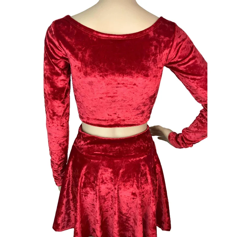 Long Sleeve Crop Top - Red Crushed Velvet