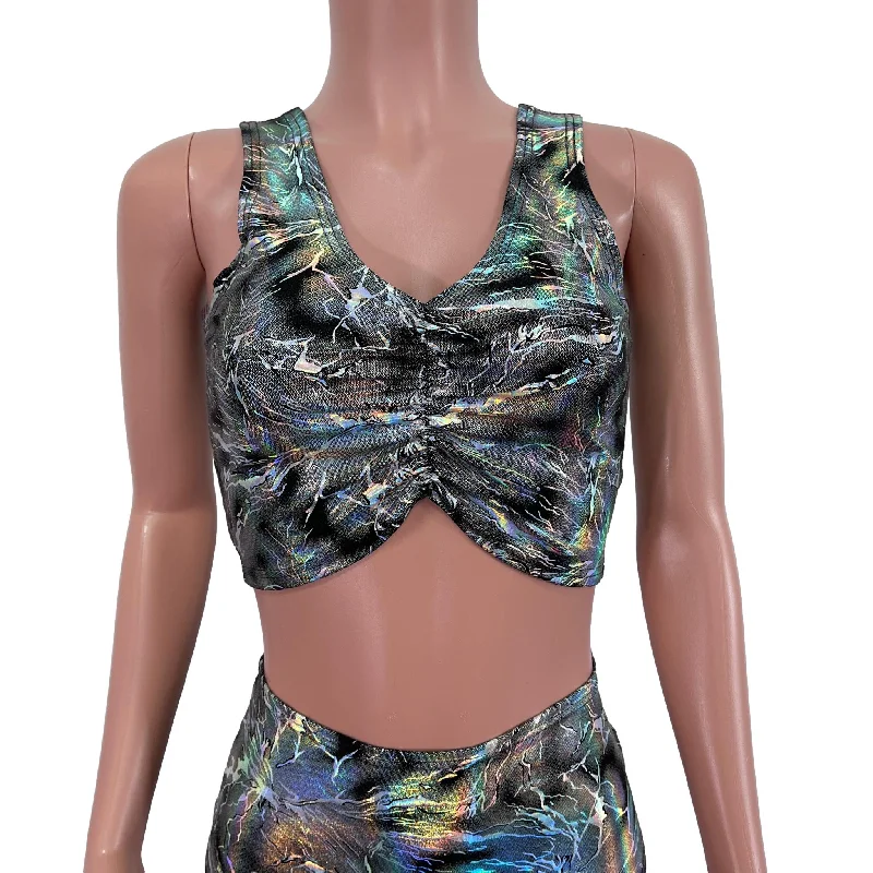 Ruched Crop Tank Top - Silver on Black Cracked Ice Holographic