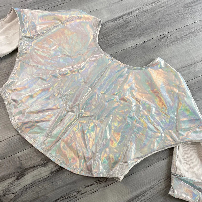 SALE - XS - Dolman Crop Top in Opal Holographic and White Mesh | Loose Tee Rave Top