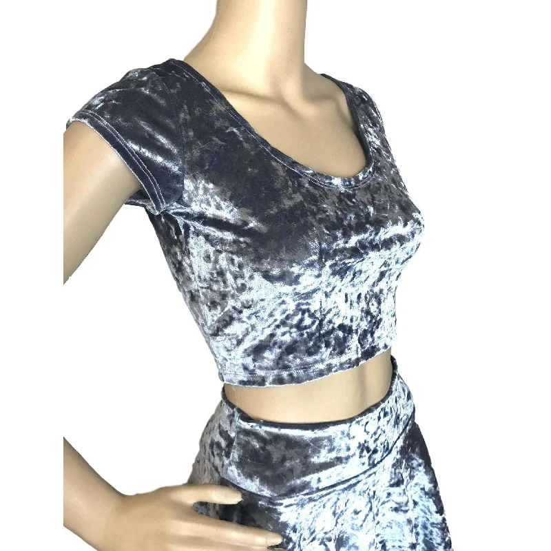 Cap Sleeve Crop Top - Silver Gray Crushed Velvet